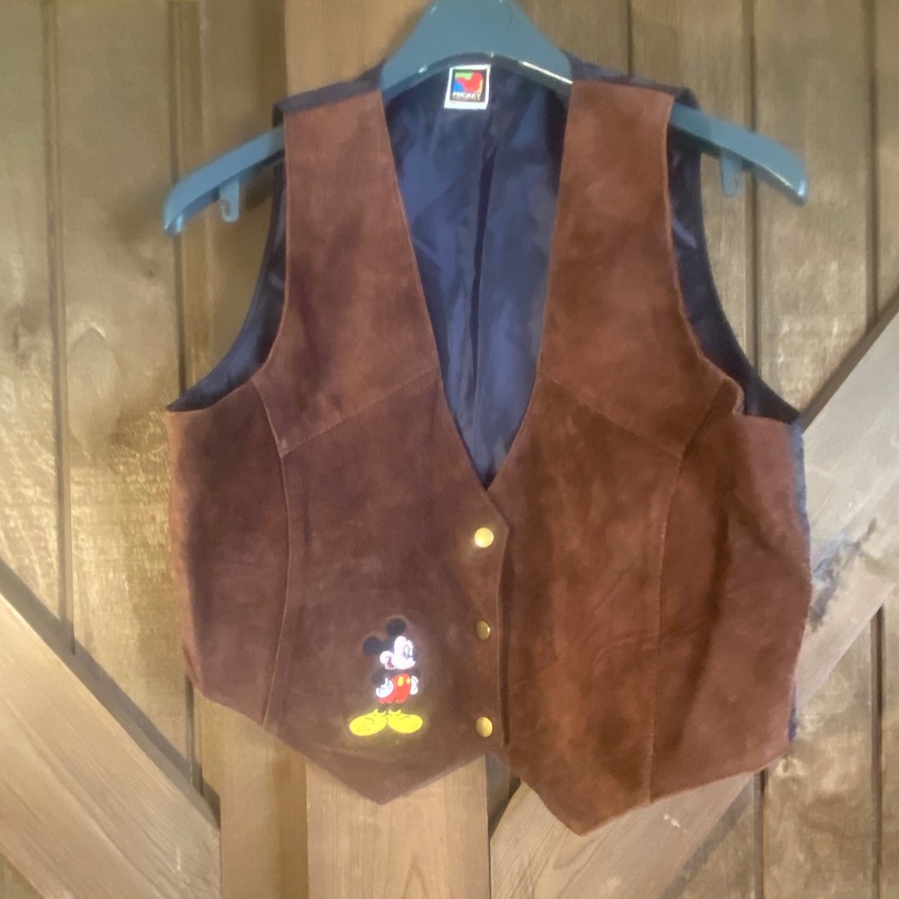 Mickey Unlimited Suede Leather Vest Mens M/L Brown Vintage Disney Embroidered